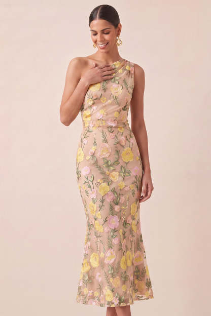 Yellow Floral Embroidered One Shoulder Midi Mermaid Wedding Guest Dress