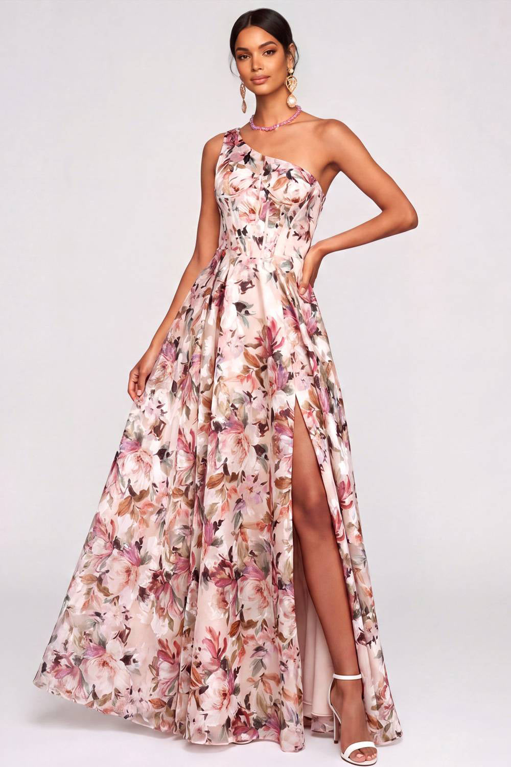 Pink Floral A Line Corset One Shoulder Long Wedding Guest Dress with Slit