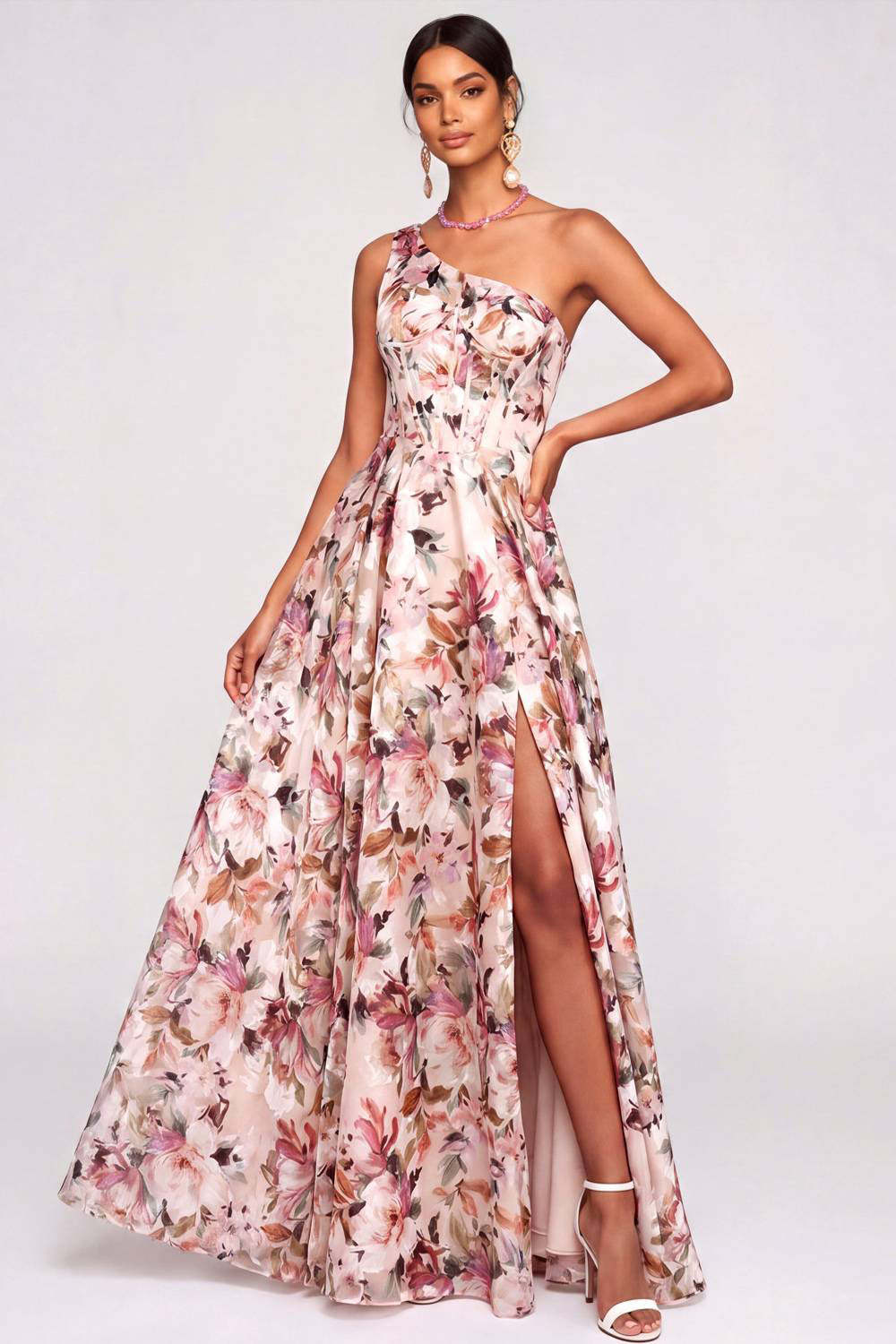 Leely Women Pink Floral A Line Corset One Shoulder Long Wedding Guest Dress with Slit Backless Sleeveless Garden Party Dress