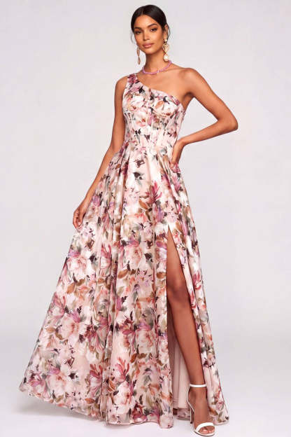 Leely Women Pink Floral A Line Corset One Shoulder Long Wedding Guest Dress with Slit Backless Sleeveless Garden Party Dress