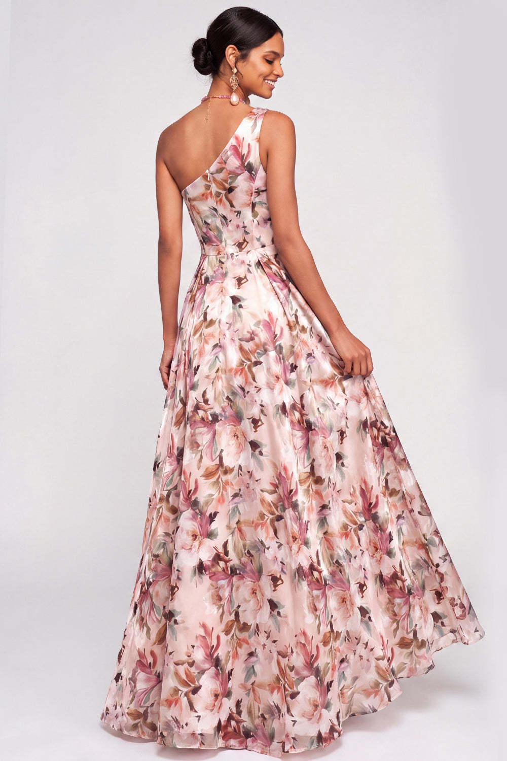 Pink Floral A Line Corset One Shoulder Long Wedding Guest Dress with Slit