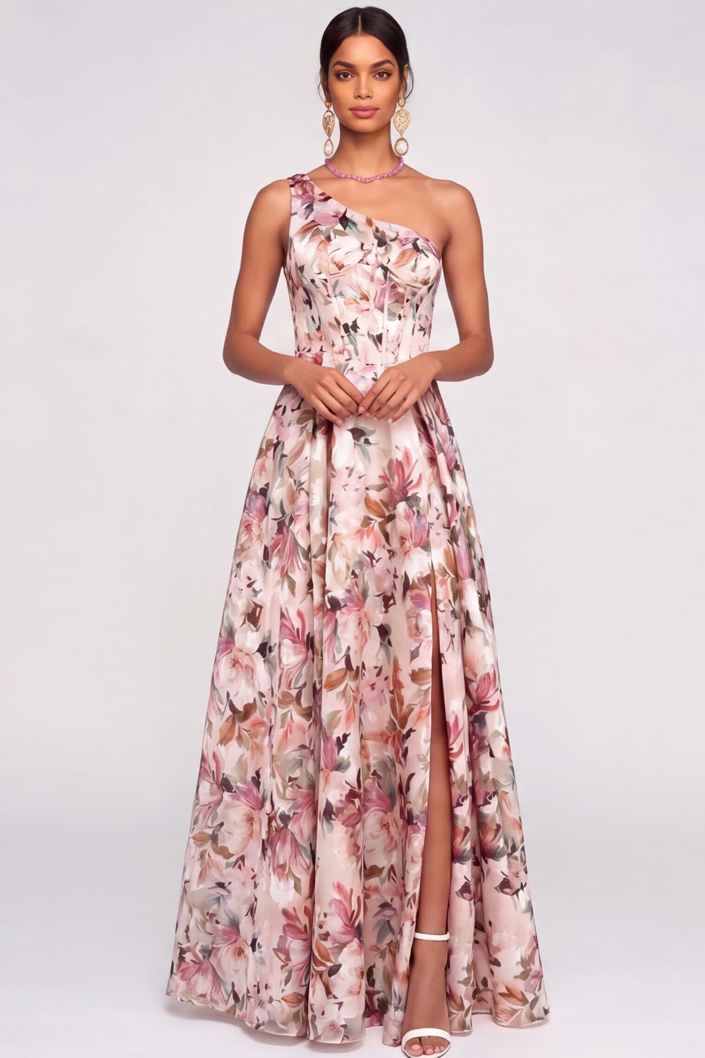 Pink Floral A Line Corset One Shoulder Long Wedding Guest Dress with Slit