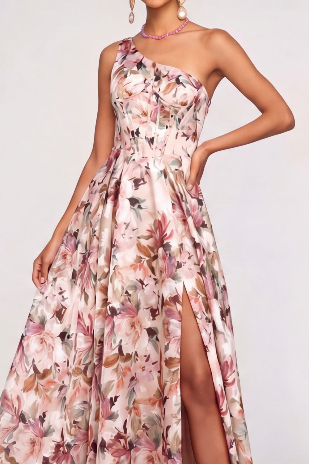 Pink Floral A Line Corset One Shoulder Long Wedding Guest Dress with Slit