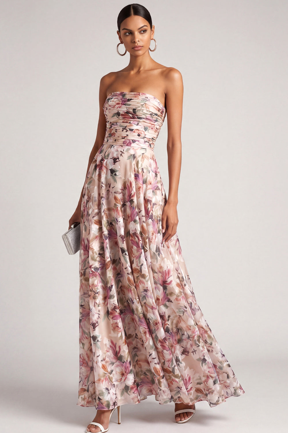 Leely Women Pink Floral Printed A Line Long Wedding Guest Dress Strapless Ruched Sleeveless Garden Party Dress