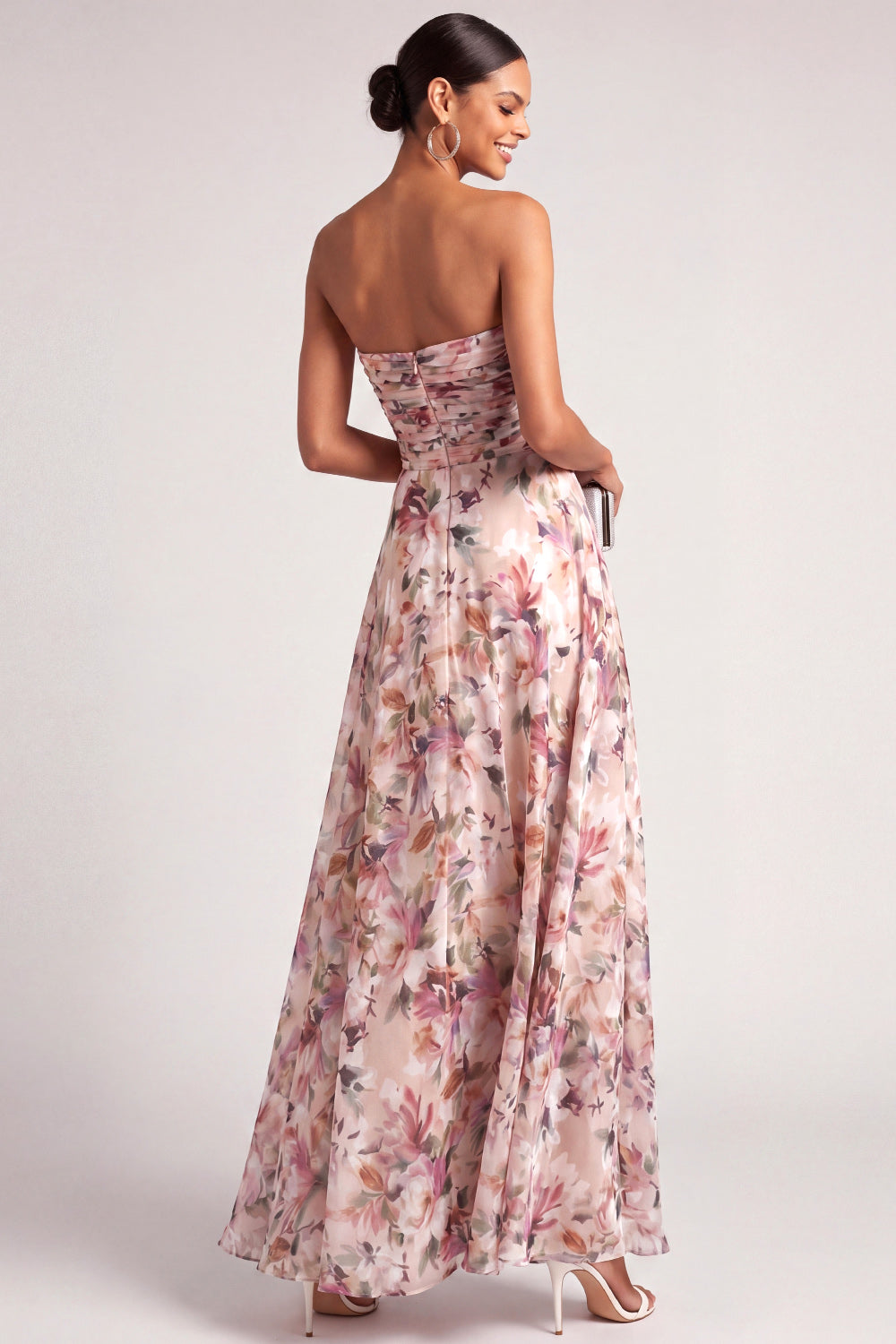 Pink Floral Printed Strapless A Line Maxi Wedding Guest Dress
