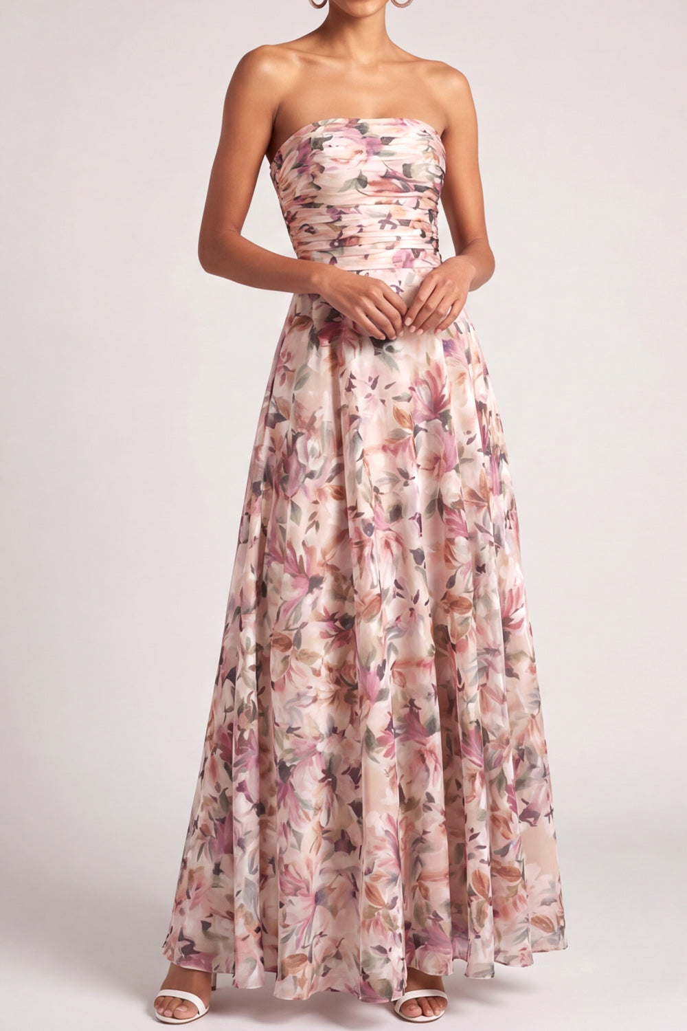 Pink Floral Printed Strapless A Line Maxi Wedding Guest Dress