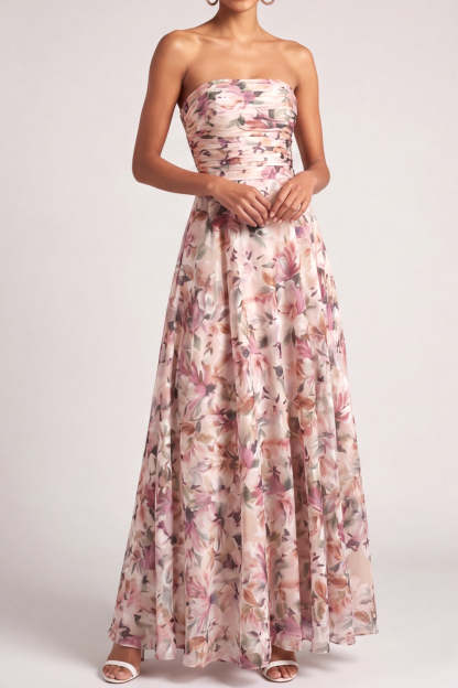 Pink Floral Printed Strapless A Line Maxi Wedding Guest Dress