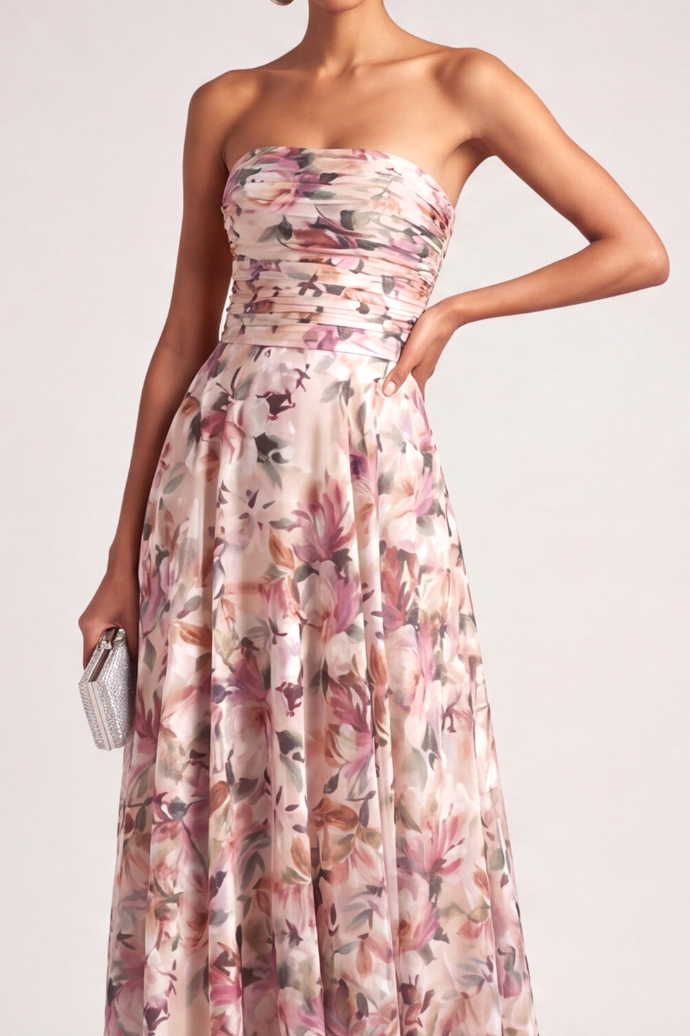 Pink Floral Printed Strapless A Line Maxi Wedding Guest Dress