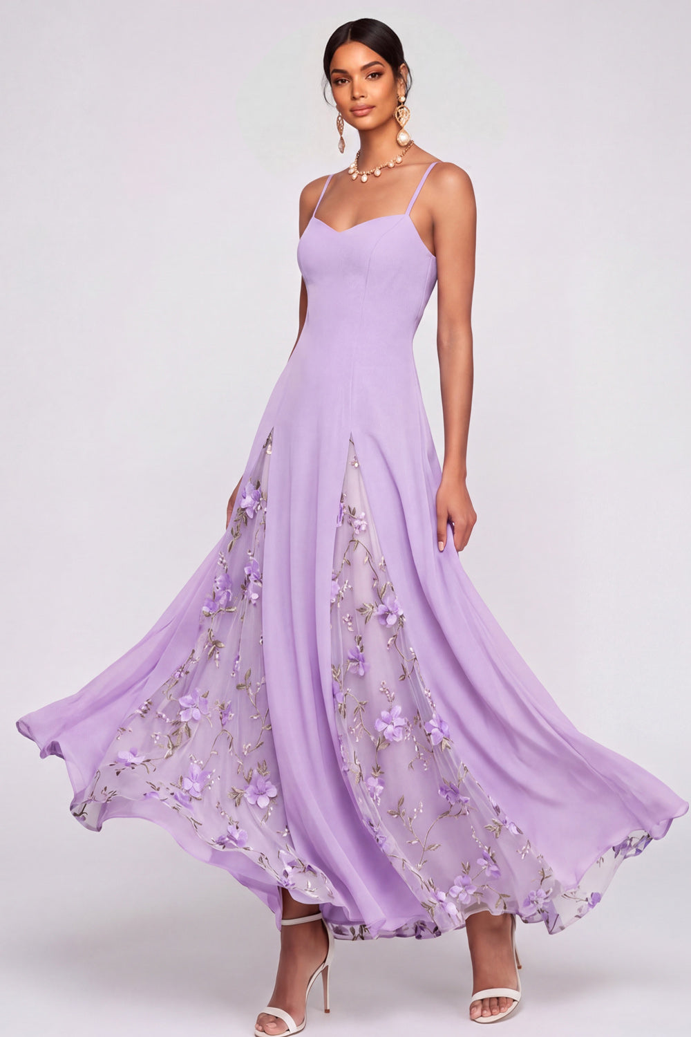 Leely Women A Line Floral Lilac Appliqued Long Wedding Guest Dress Backless Spaghetti Straps Garden Party Dress