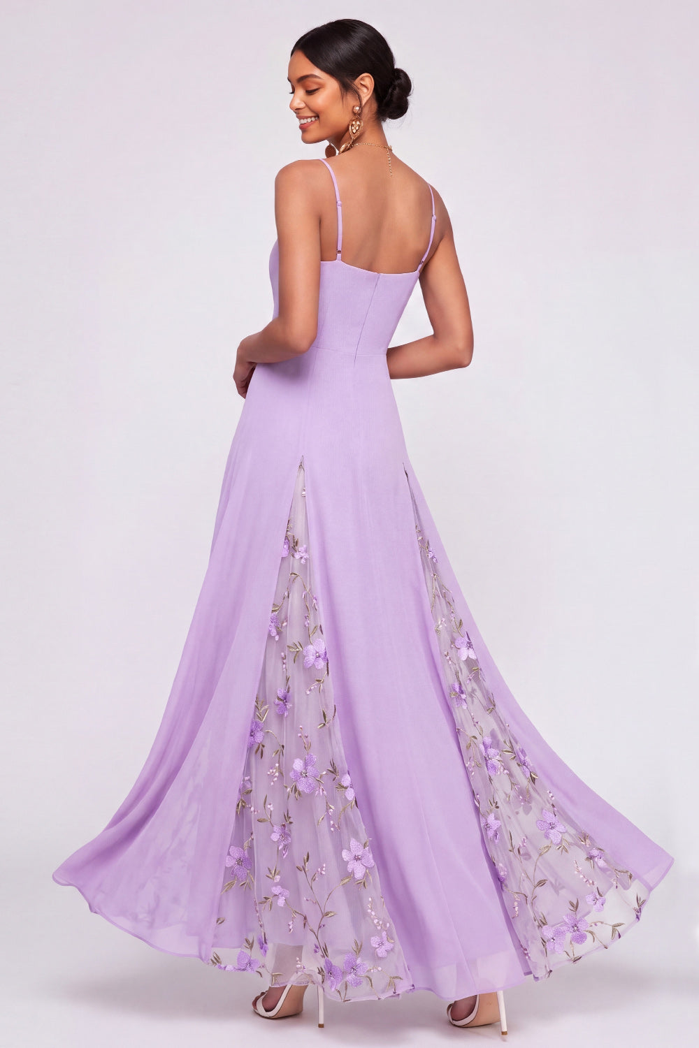 A Line Floral Lilac Appliqued Long Wedding Guest Dress