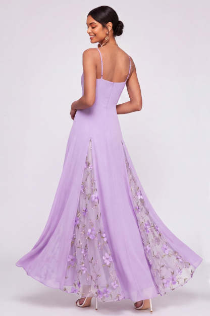 A Line Floral Lilac Appliqued Long Wedding Guest Dress