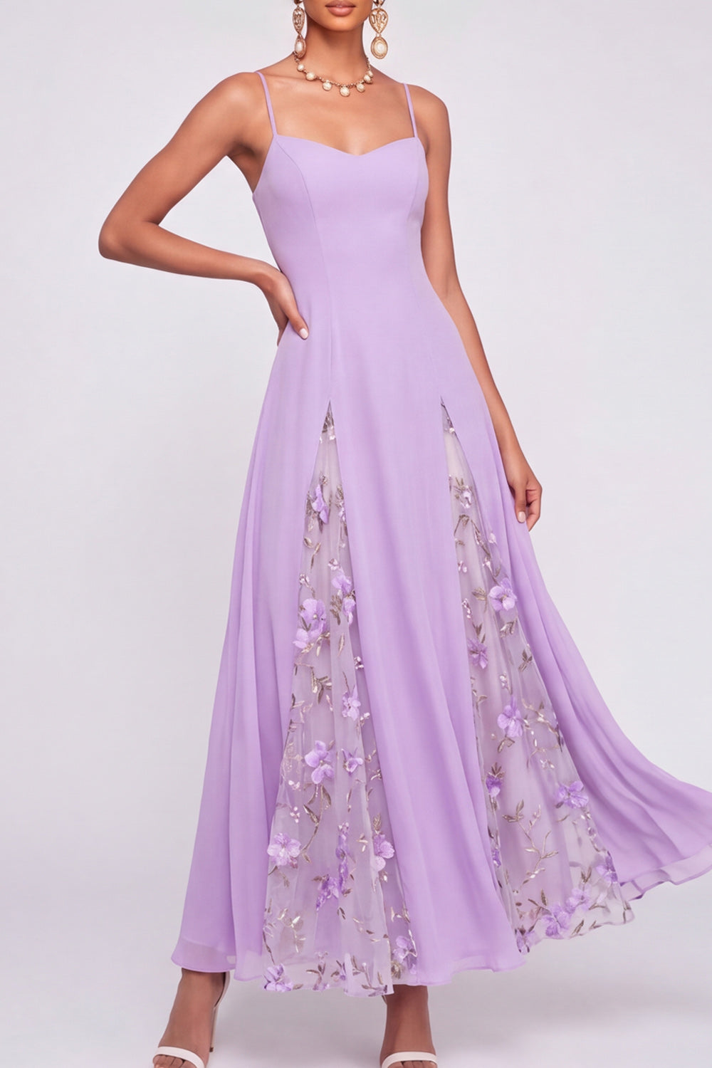A Line Floral Lilac Appliqued Long Wedding Guest Dress