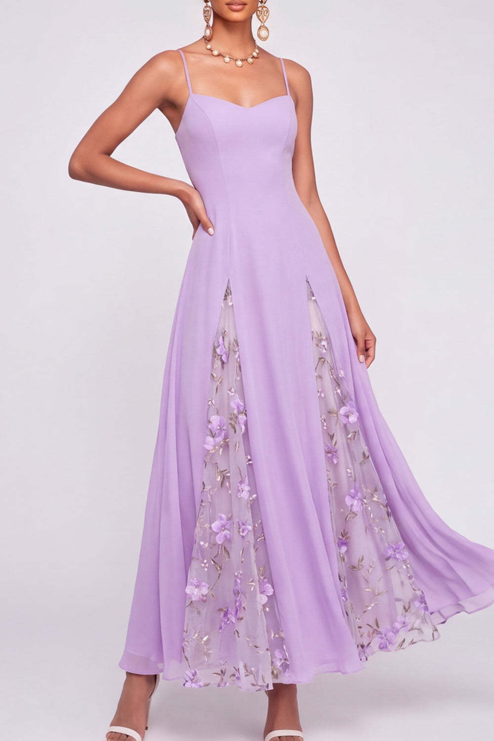 A Line Floral Lilac Appliqued Long Wedding Guest Dress
