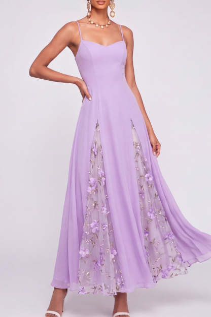 A Line Floral Lilac Appliqued Long Wedding Guest Dress