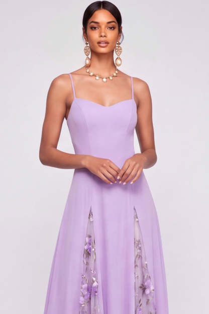 A Line Floral Lilac Appliqued Long Wedding Guest Dress