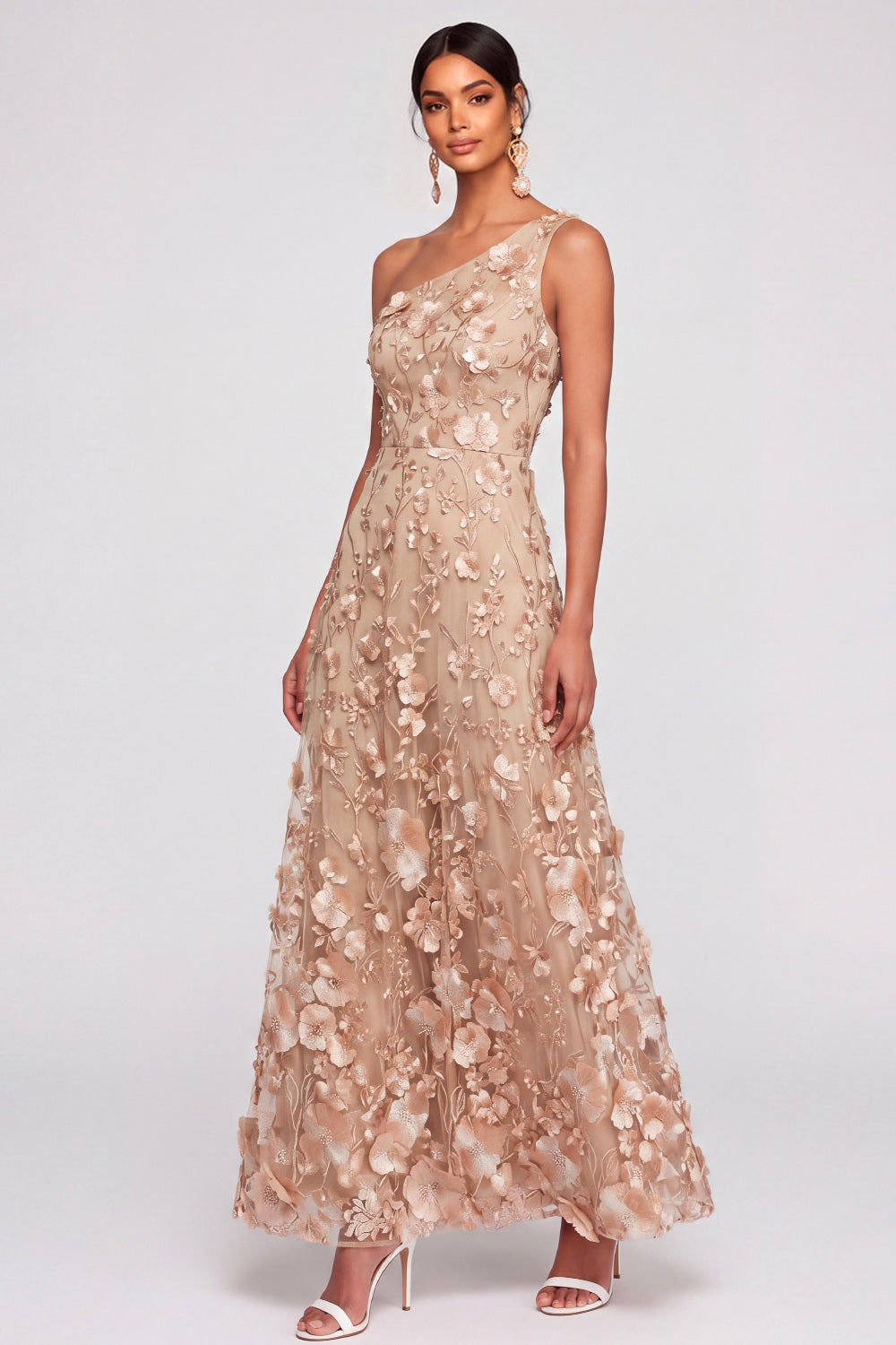 Champagne Floral Appliqued A Line Maxi Wedding Guest Dress