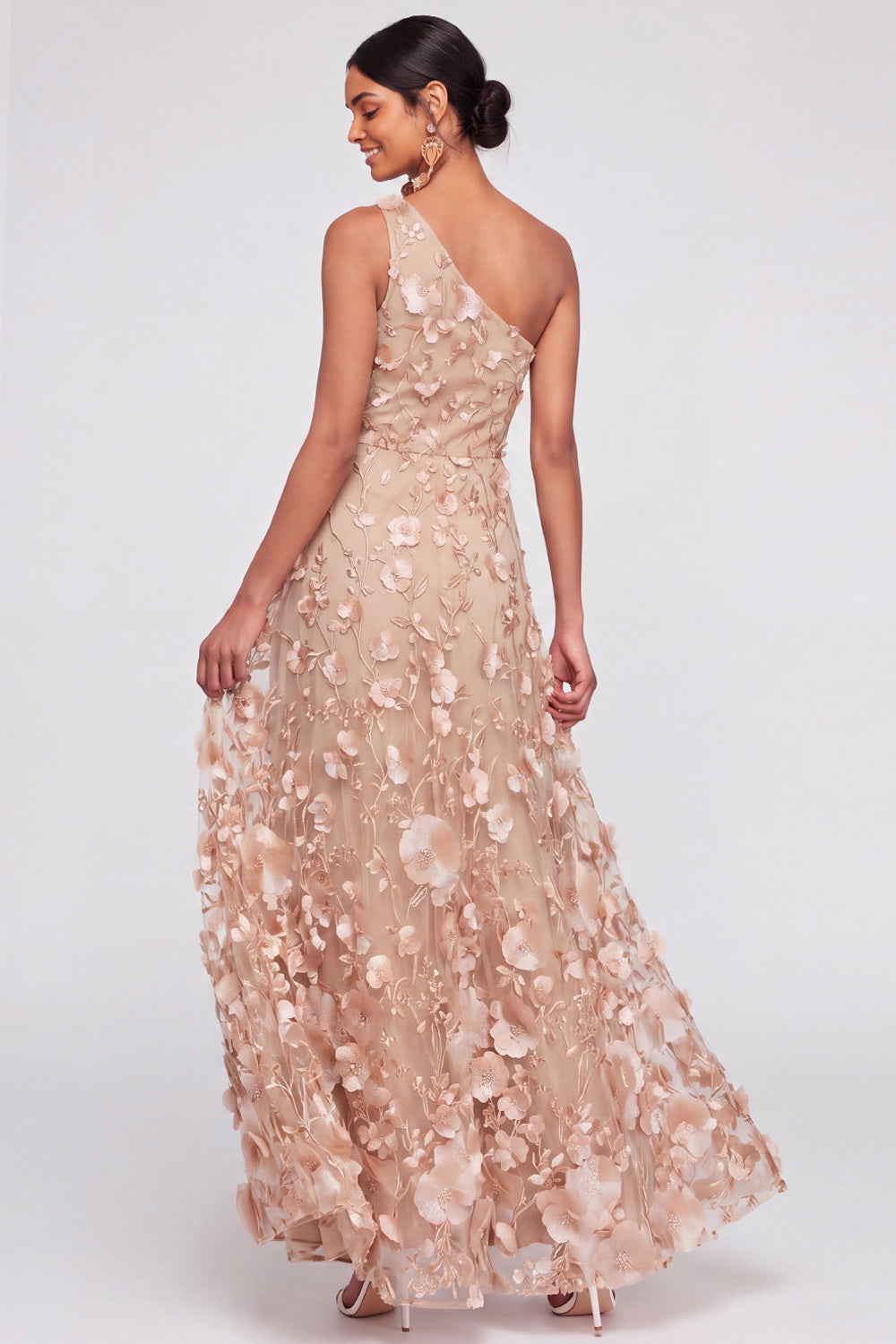 Champagne Floral Appliqued A Line Maxi Wedding Guest Dress