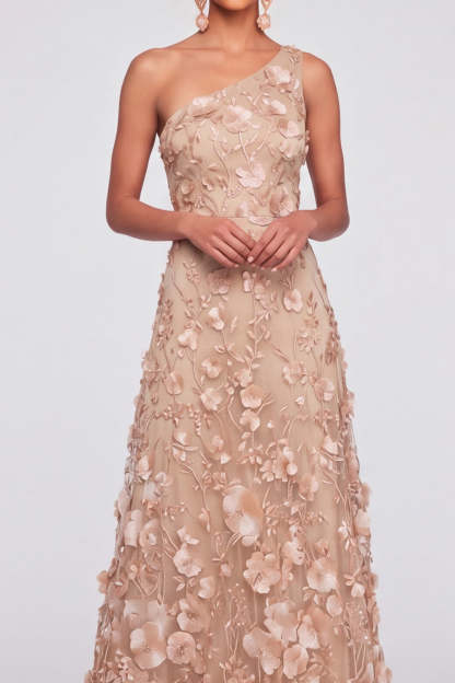 Champagne Floral Appliqued A Line Maxi Wedding Guest Dress