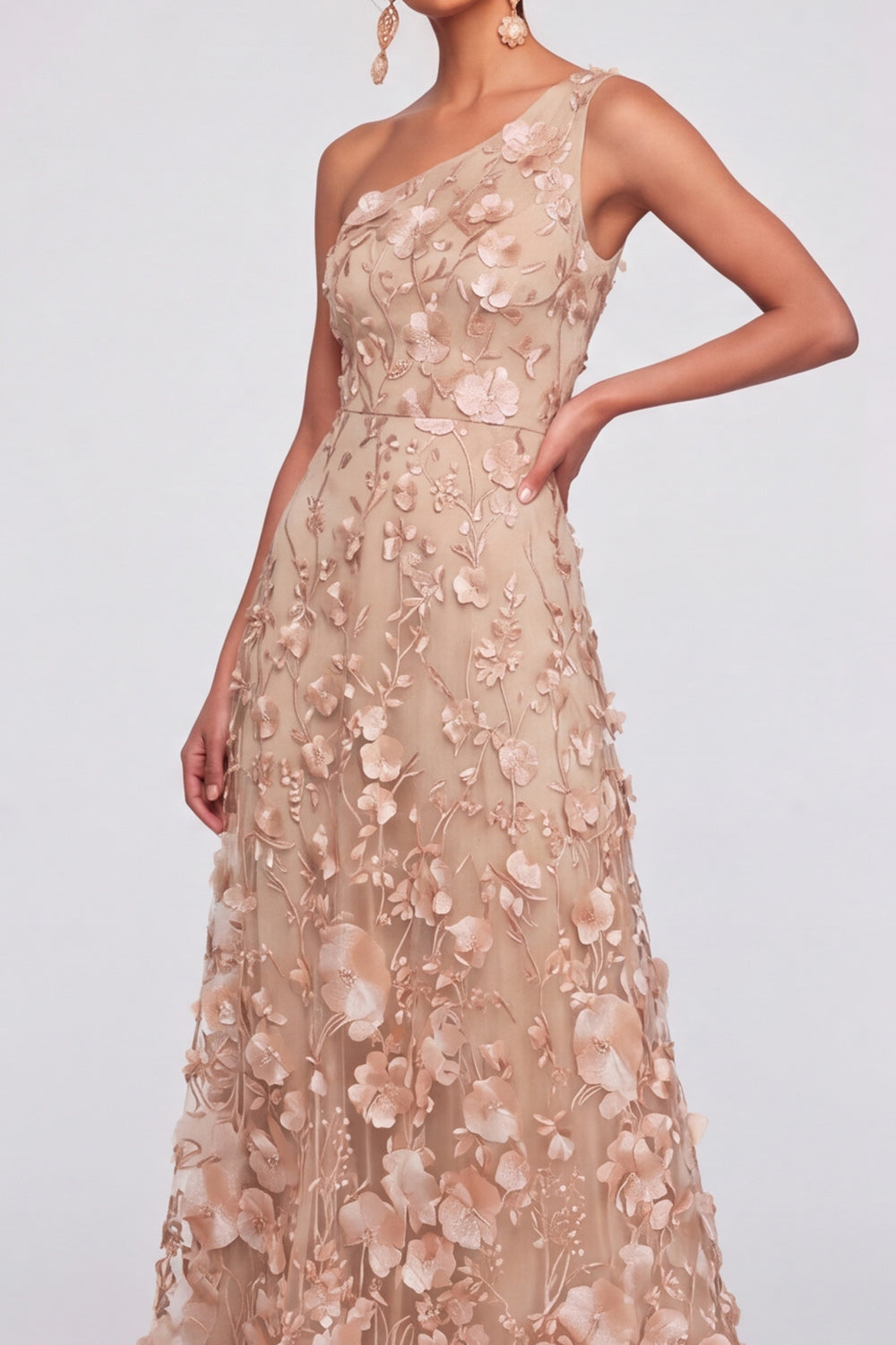 Champagne Floral Appliqued A Line Maxi Wedding Guest Dress