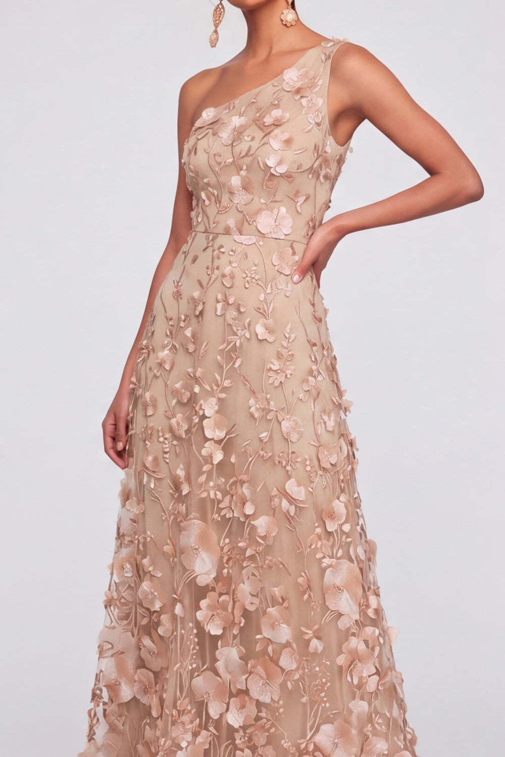 Champagne Floral Appliqued A Line Maxi Wedding Guest Dress
