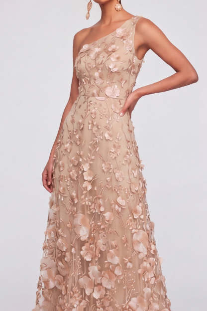 Champagne Floral Appliqued A Line Maxi Wedding Guest Dress