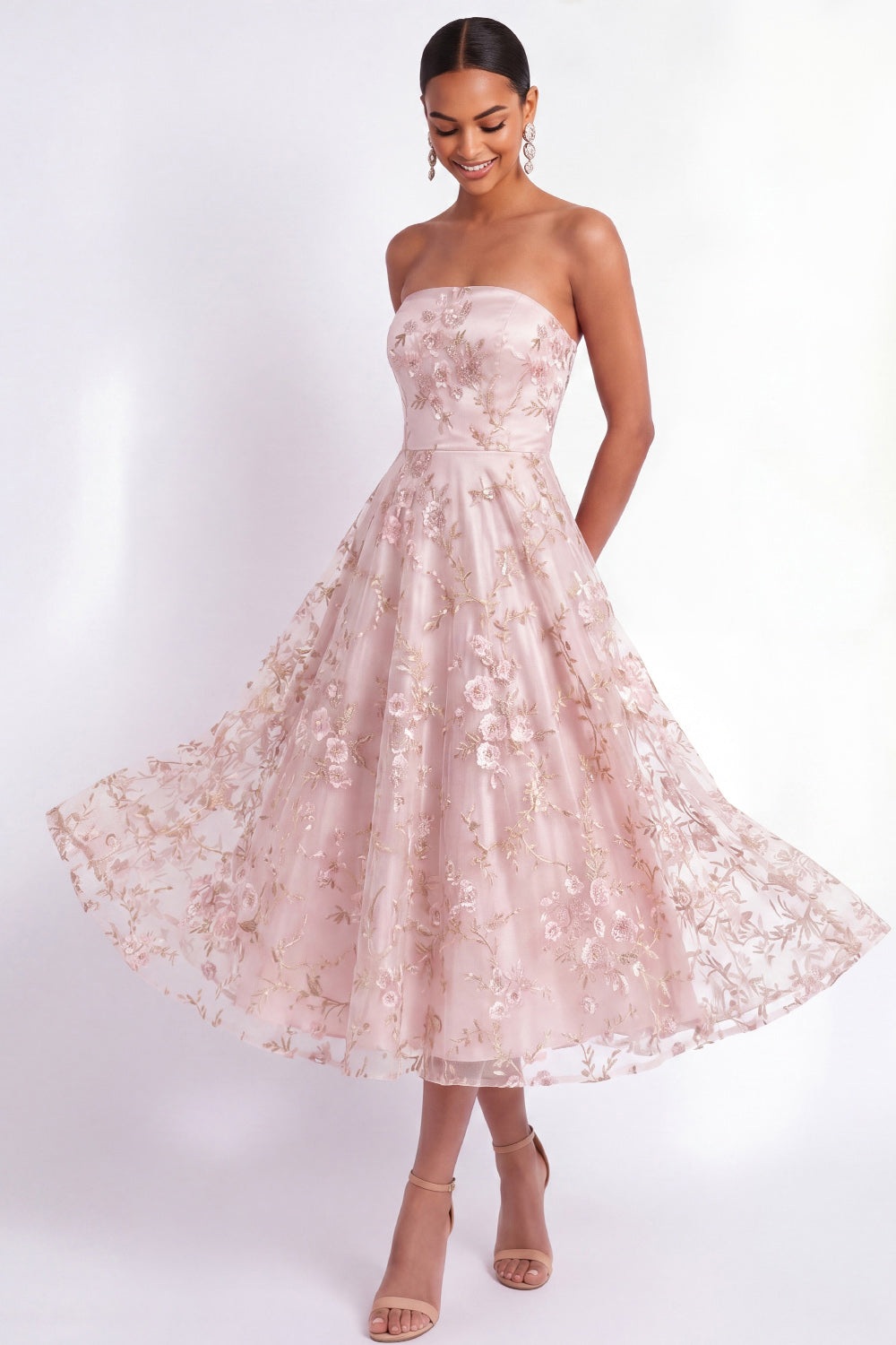 English Rose Floral Embroidered Strapless A Line Midi Wedding Guest Dress