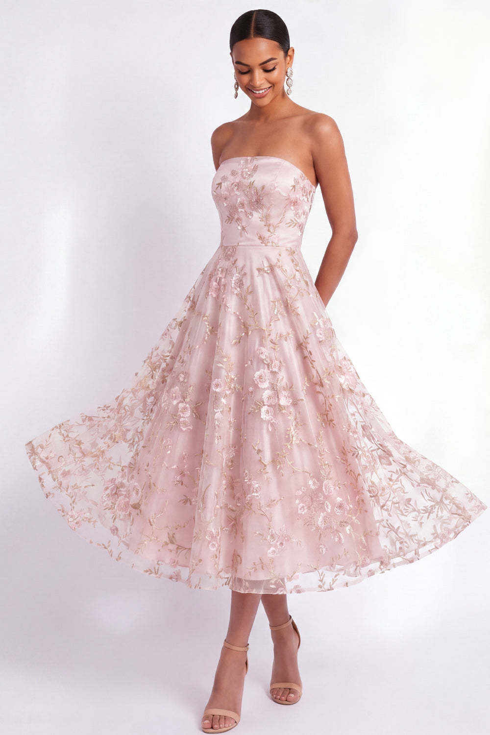 Leely Women English Rose Floral A Line Long Wedding Guest Dress Strapless Embroidered Sleeveless Garden Party Dress