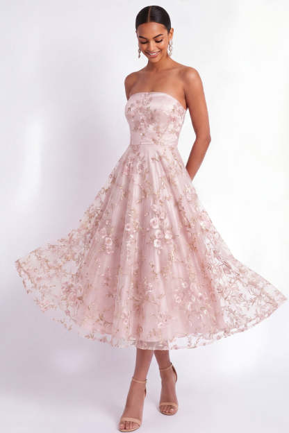 Leely Women English Rose Floral A Line Long Wedding Guest Dress Strapless Embroidered Sleeveless Garden Party Dress