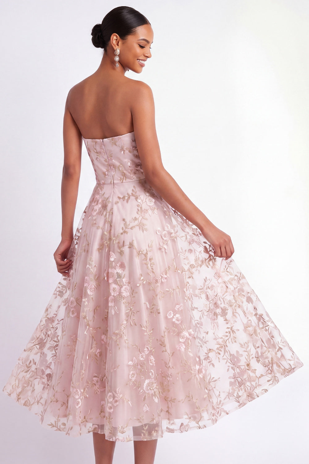English Rose Floral Embroidered Strapless A Line Midi Wedding Guest Dress