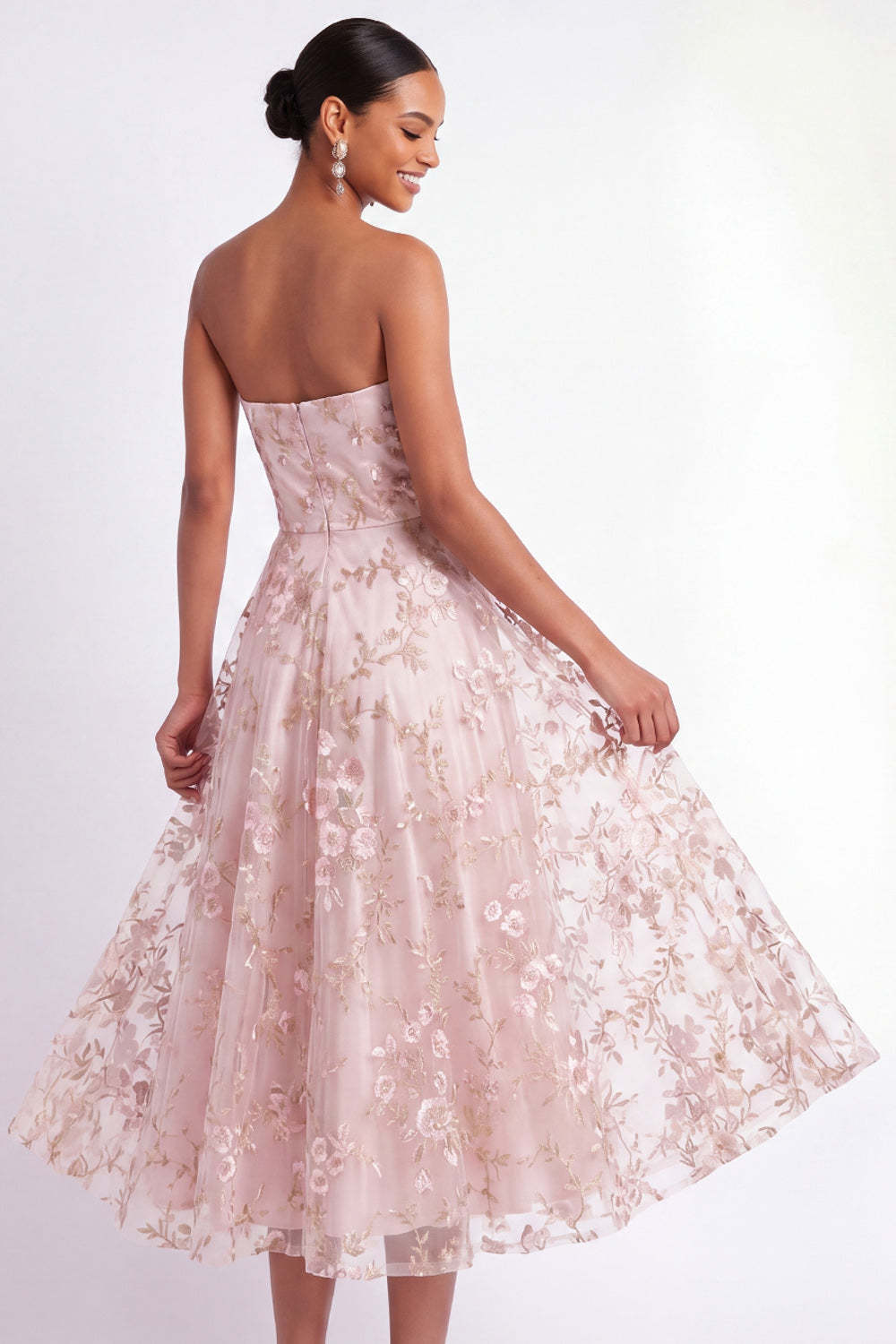 English Rose Floral Embroidered Strapless A Line Midi Wedding Guest Dress