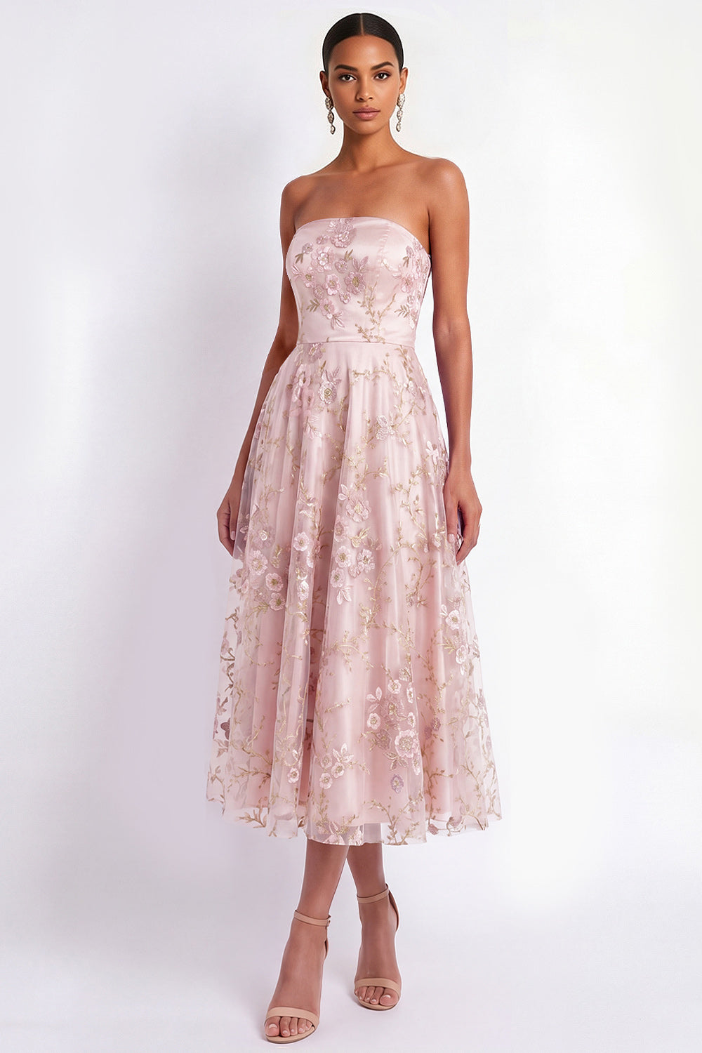 English Rose Floral Embroidered Strapless A Line Midi Wedding Guest Dress