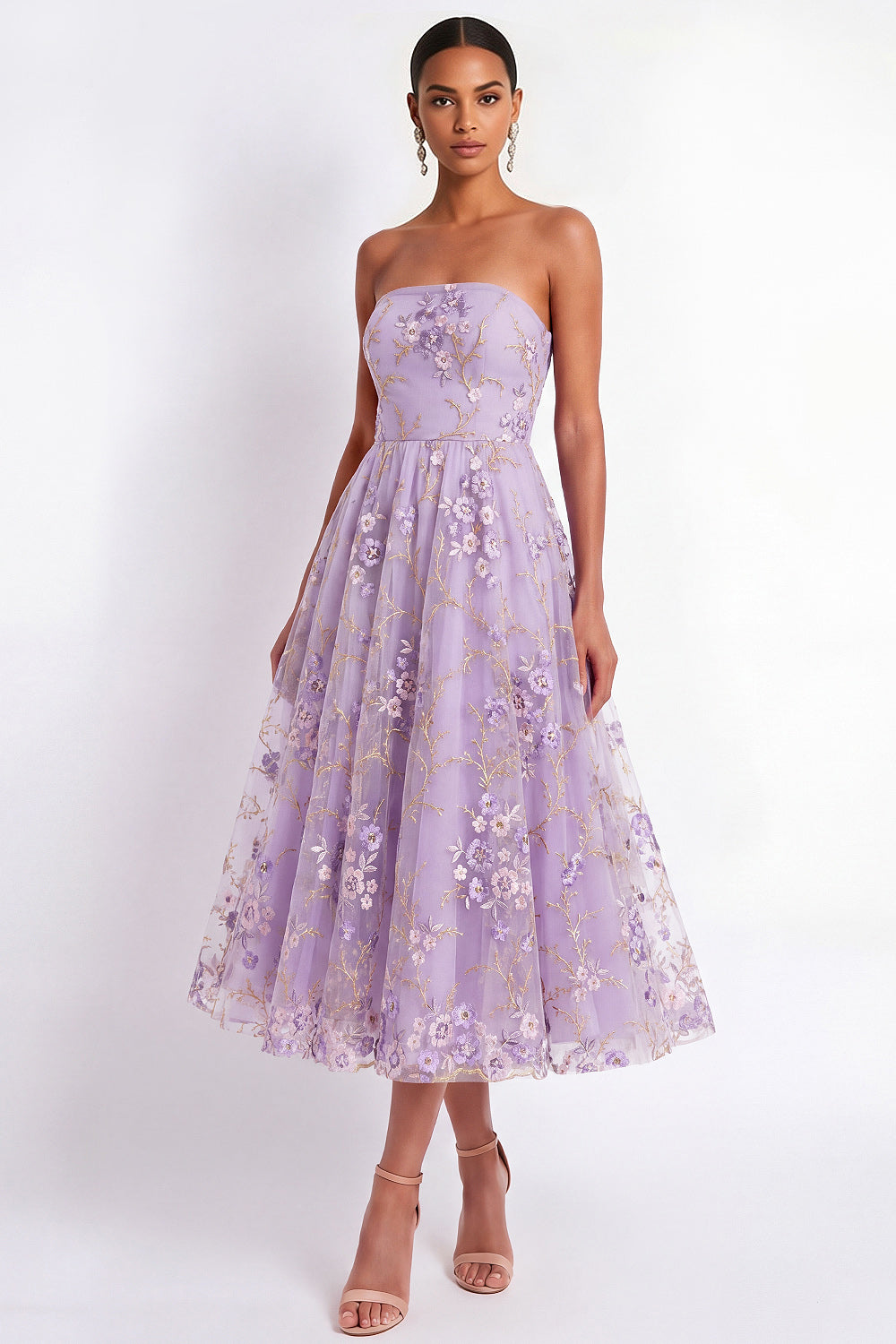 English Rose Floral Embroidered Strapless A Line Midi Wedding Guest Dress
