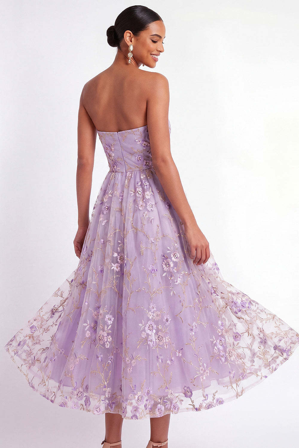English Rose Floral Embroidered Strapless A Line Midi Wedding Guest Dress