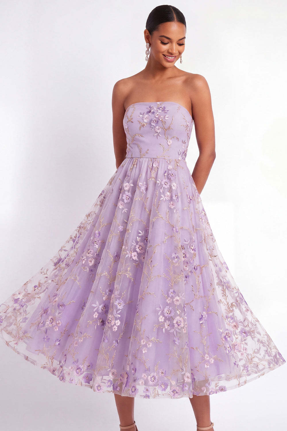 English Rose Floral Embroidered Strapless A Line Midi Wedding Guest Dress