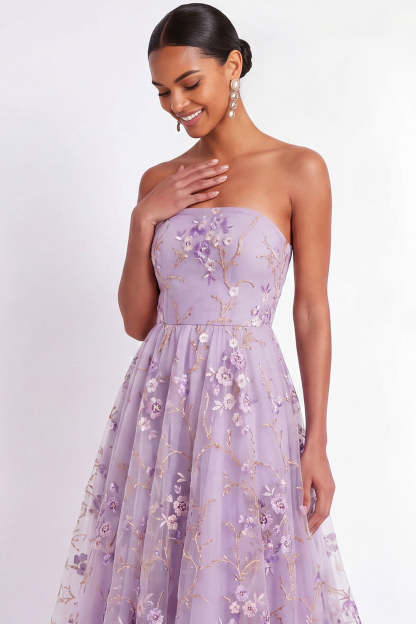 English Rose Floral Embroidered Strapless A Line Midi Wedding Guest Dress