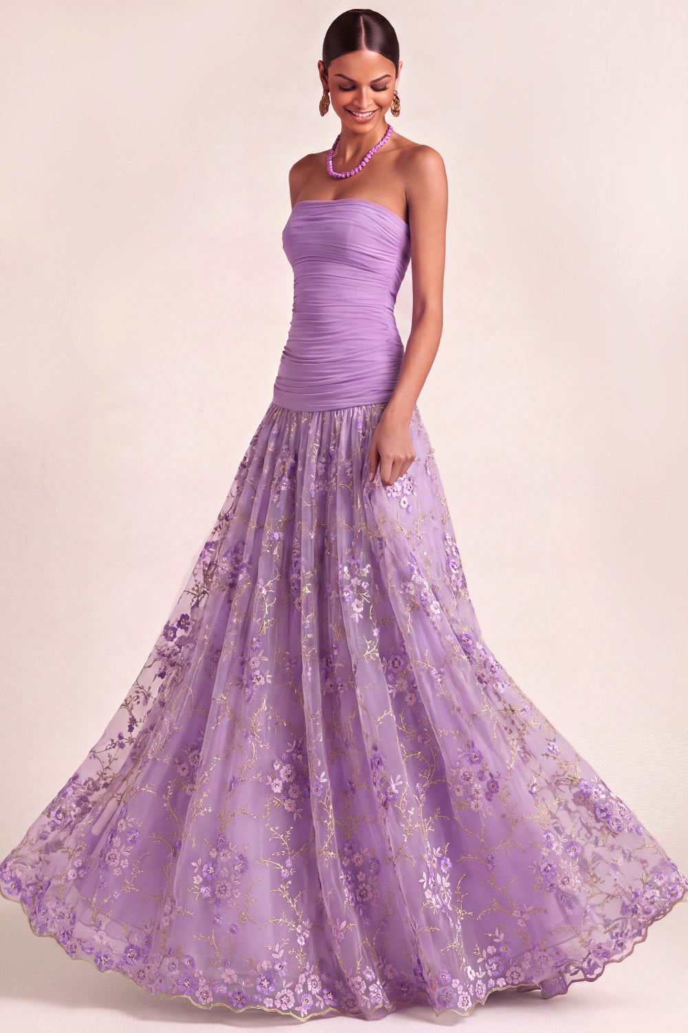 Leely Women Lilac Floral A Line Long Wedding Guest Dress Strapless Embroidered Sleeveless Drape Waist Garden Party Dress