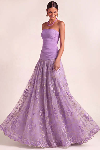 Leely Women Lilac Floral A Line Long Wedding Guest Dress Strapless Embroidered Sleeveless Drape Waist Garden Party Dress