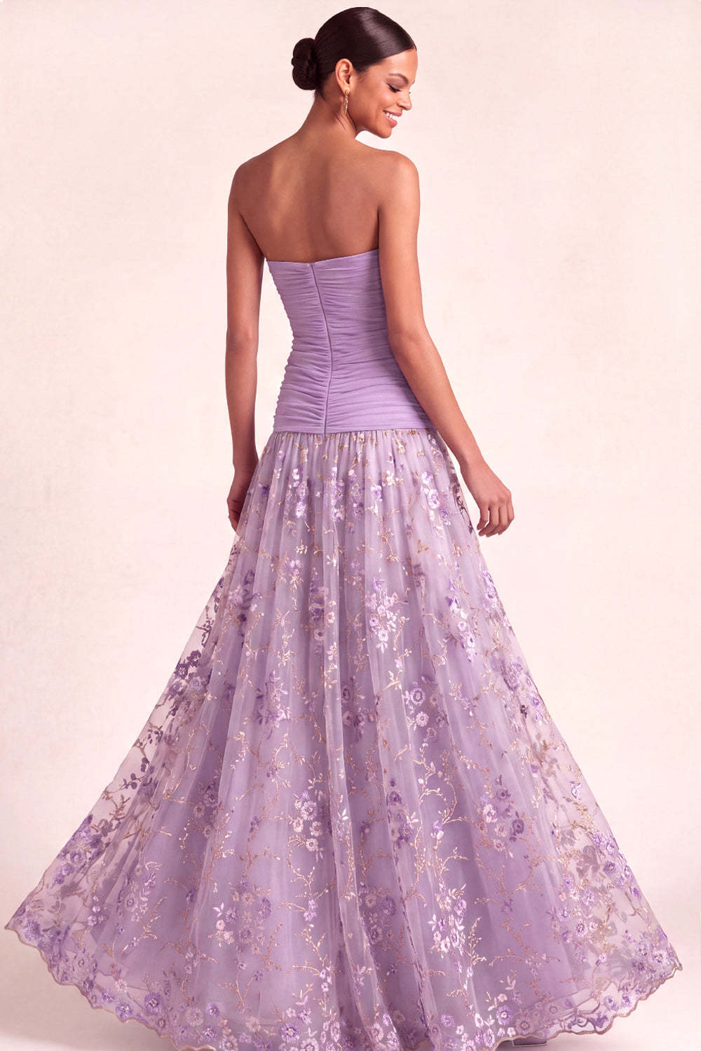 Lilac Floral Embroidered Drape Waist A Line Maxi Wedding Guest Dress