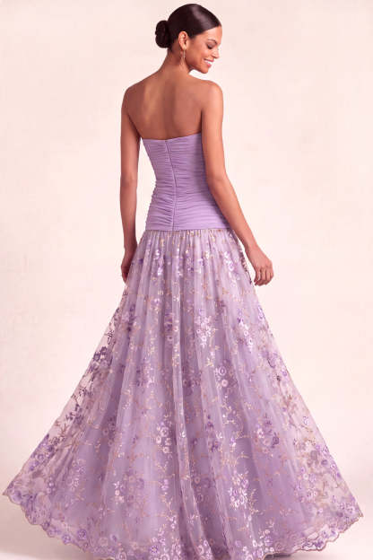 Lilac Floral Embroidered Drape Waist A Line Maxi Wedding Guest Dress