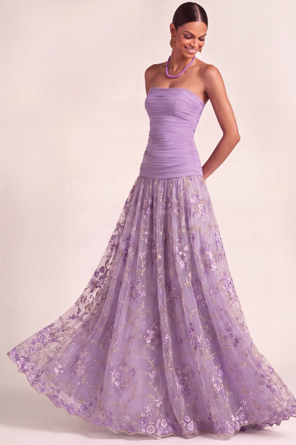 Lilac Floral Embroidered Drape Waist A Line Maxi Wedding Guest Dress