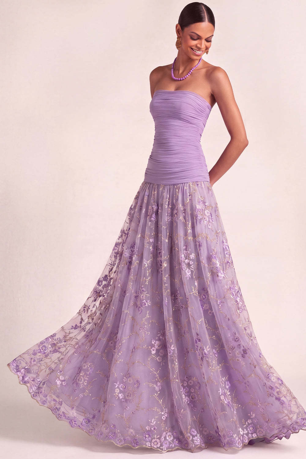 Lilac Floral Embroidered Drape Waist A Line Maxi Wedding Guest Dress