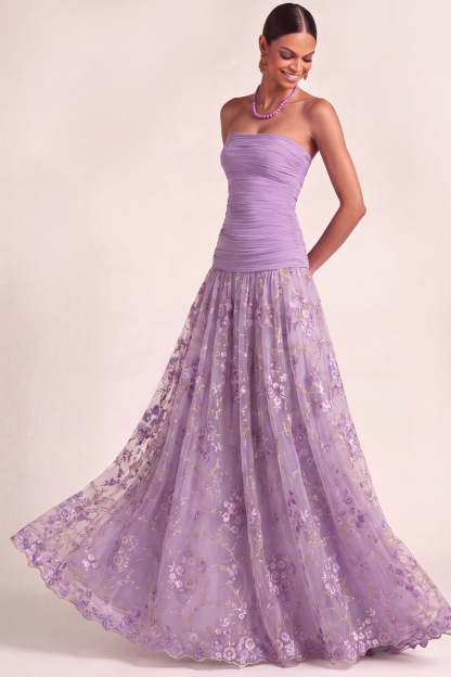 Lilac Floral Embroidered Drape Waist A Line Maxi Wedding Guest Dress