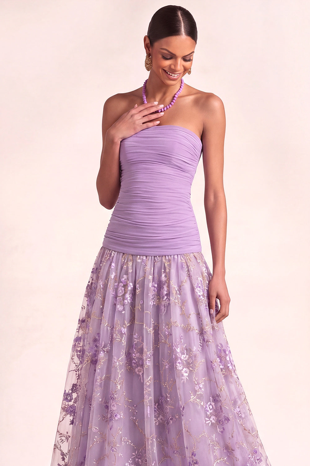 Lilac Floral Embroidered Drape Waist A Line Maxi Wedding Guest Dress