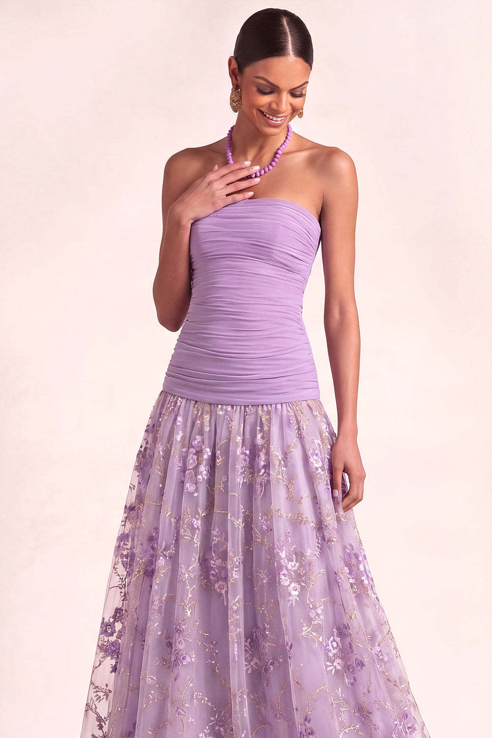 Lilac Floral Embroidered Drape Waist A Line Maxi Wedding Guest Dress