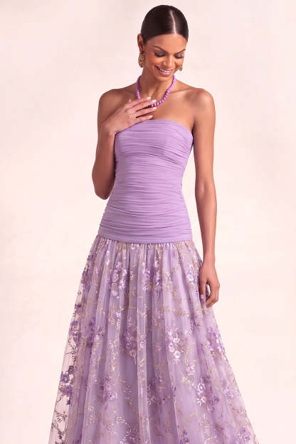 Lilac Floral Embroidered Drape Waist A Line Maxi Wedding Guest Dress