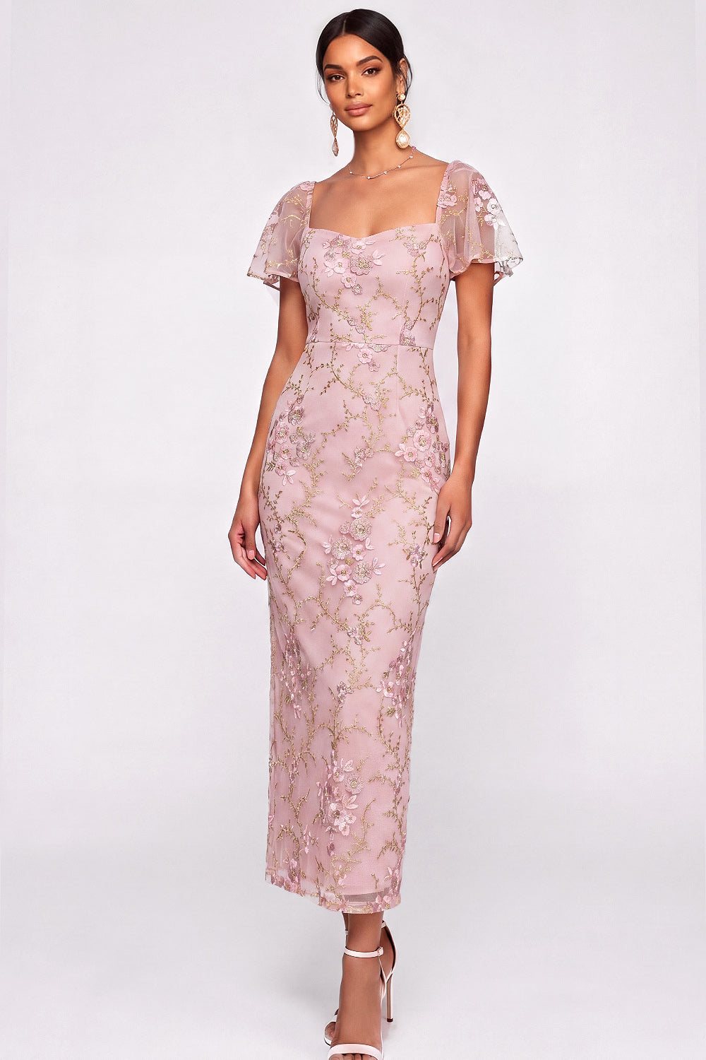 English Rose Floral Sheath Flutter Sleeves Long Wedding Guest Dress