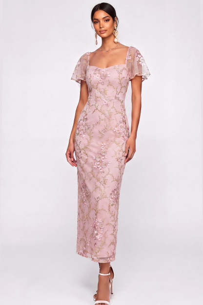 Leely Women English Rose Floral Sheath Long Wedding Guest Dress Sweetheart Flutter Sleeves Formal Dress