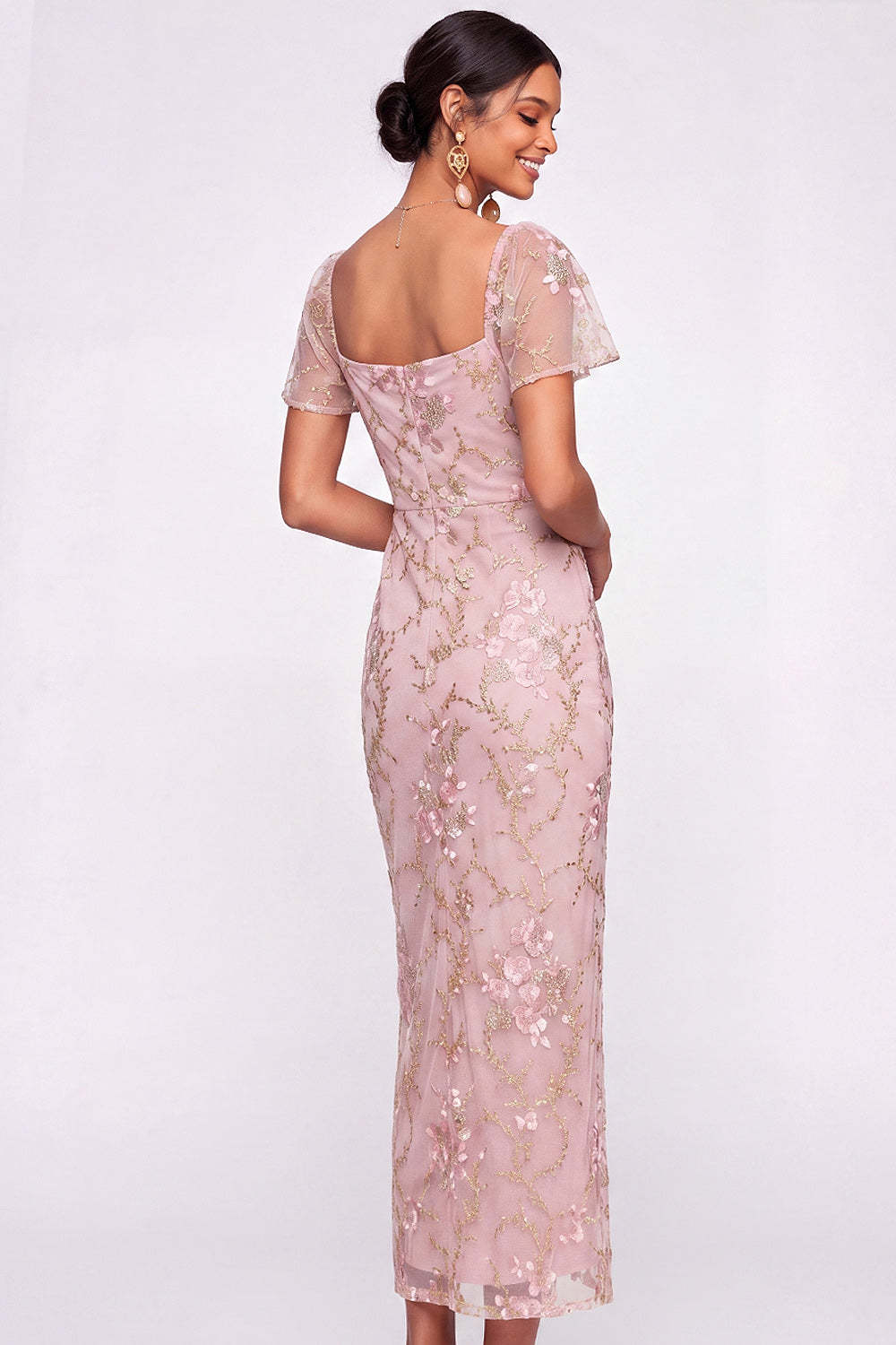 English Rose Floral Sheath Flutter Sleeves Long Wedding Guest Dress