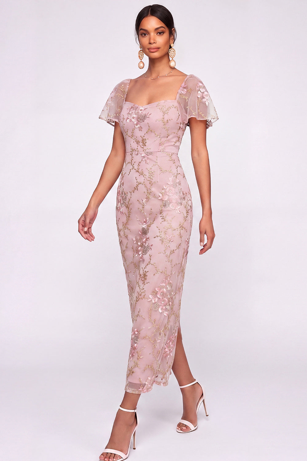 English Rose Floral Sheath Flutter Sleeves Long Wedding Guest Dress