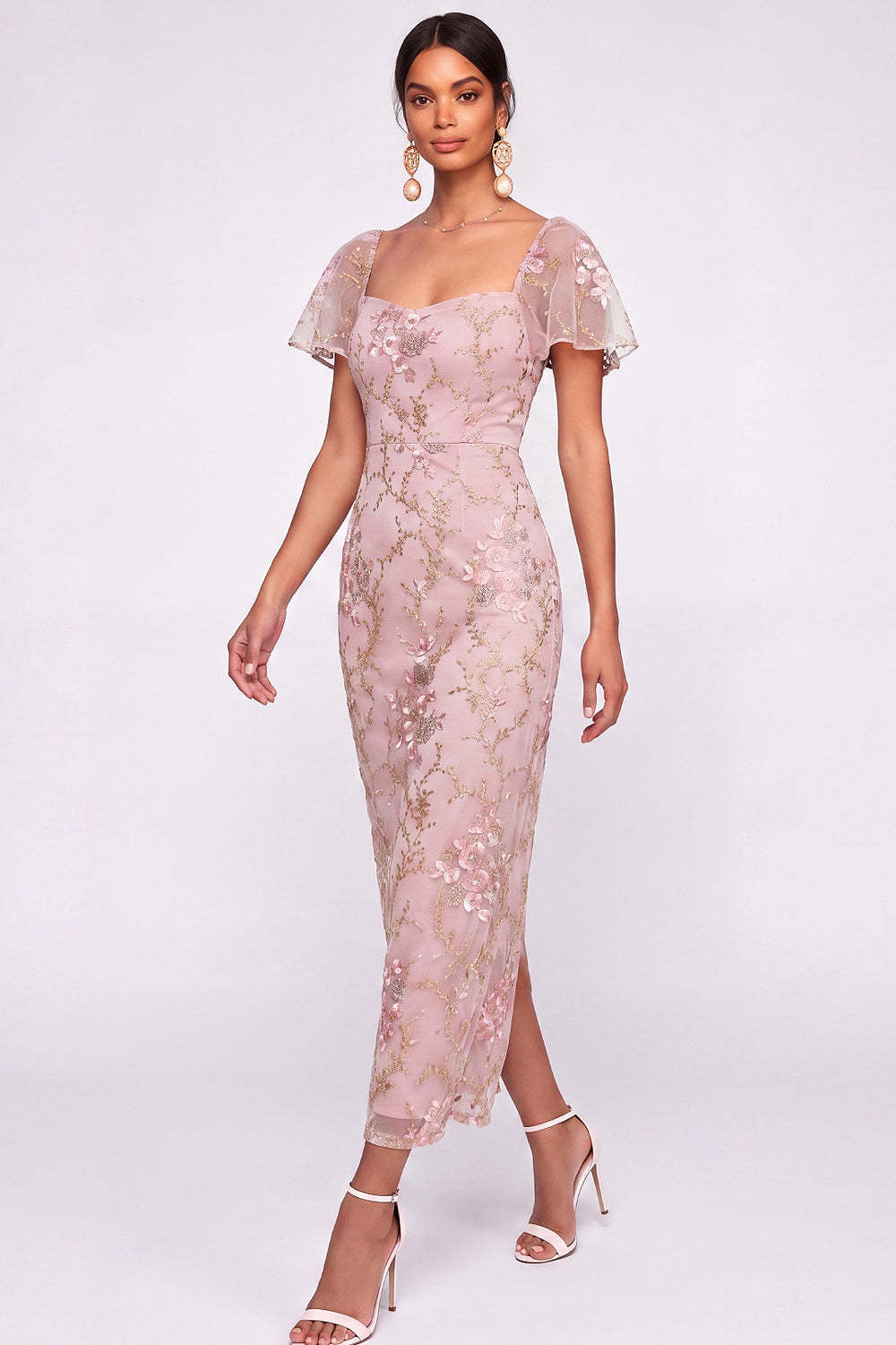 English Rose Floral Sheath Flutter Sleeves Long Wedding Guest Dress